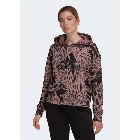 Adidas Women Future Icons Animal Print Hoodie Long Sleeve Sweatshirt Top Large L - Picture 1 of 9